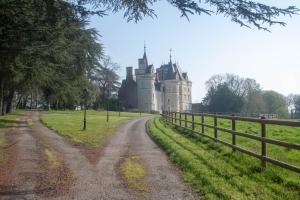 a castle on a dirt road in front of a fence at Gîte baroque château Pervenchère in Casson