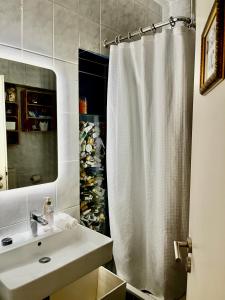 a bathroom with a shower curtain and a sink at Touchdown21 in Karlsruhe