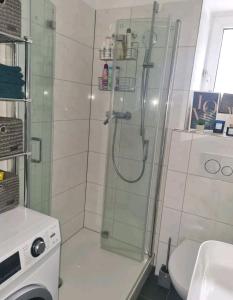 La salle de bains est pourvue d'une douche, de toilettes et d'un lavabo. dans l'établissement Zentral gelegene 2-ZKB-Wohnung Koblenz Vorstadt, à Coblence