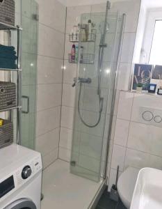 a bathroom with a shower and a toilet and a sink at Zentral gelegene 2-ZKB-Wohnung Koblenz Vorstadt in Koblenz