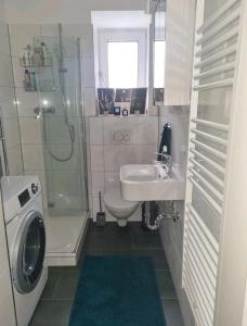 a bathroom with a sink and a washing machine at Zentral gelegene 2-ZKB-Wohnung Koblenz Vorstadt in Koblenz