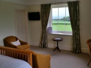 een slaapkamer met een bed, een raam en een stoel bij Upper Letton Farm in Leintwardine