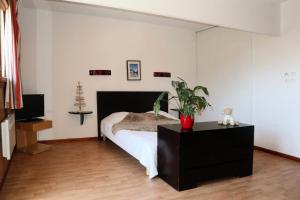 ein Schlafzimmer mit einem Bett mit einer Pflanze auf einer Kommode in der Unterkunft RESIDENCE LA COMBE D OR - Studio pour 4 Personnes 814 in Les Orres