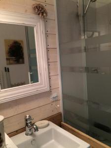 a bathroom with a sink and a mirror and a shower at Résidence Betelgeuse - Studio pour 3 Personnes 64 in Valloire