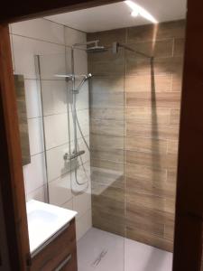 a bathroom with a shower with a glass door at Résidence Les Alpages - 3 Pièces pour 6 Personnes 74 in Valloire