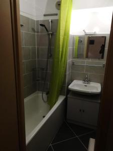 uma casa de banho com um lavatório e um chuveiro com uma banheira em Résidence La Croix Du Sud - Studio pour 4 Personnes 14 em Valloire
