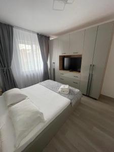 a bedroom with a large bed and a television at Luxury Apartment in Piteşti