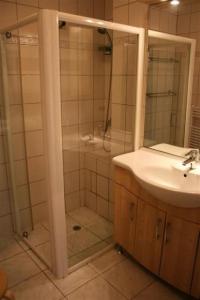 een badkamer met een douche en een wastafel bij Résidence Bd Guadeloupe - 3 Pièces pour 6 Personnes 464 in Le Barcarès