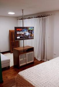 聖米格爾－杜斯米拉格里斯的住宿－Villa Pantai Milagres Exclusive Hotel，一间卧室配有电视、一张床和一张沙发