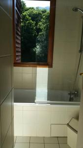 a bathroom with a bath tub and a window at Résidence Le Hameau De Valloire - Studio pour 2 Personnes 94 in Valloire