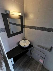 a bathroom with a sink and a mirror at Résidence LES MAISONS DU PORT - Maisons & Villas pour 6 Personnes 74 in Port Leucate