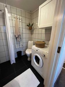 a bathroom with a washing machine and a toilet at Cozy Holiday Apartment In Allinge in Allinge
