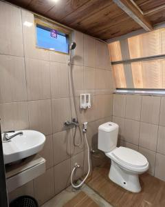 a bathroom with a toilet and a sink at Luxury cabin and cafe hutan pinus rahong in Palayangan