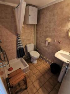 Baño pequeño con aseo y lavamanos en Résidence GRANDE BLEUE - Maisons & Villas pour 6 Personnes 294, en Port Leucate