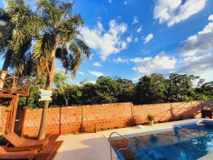 una piscina con una palmera junto a una pared de ladrillo en Cabañas Ema Luz & La Soñada en Gobernador Roca