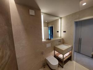 La salle de bains est pourvue de toilettes, d'un lavabo et d'un miroir. dans l'établissement Tivoli Boutique Inn, à Ljubljana