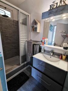 uma casa de banho com um lavatório e um chuveiro em Résidence LES ZODIAQUES - 3 Pièces pour 6 Personnes 04 em Port Leucate