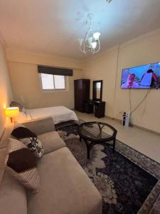 a living room with a couch and a flat screen tv at Fully furnished studio apartment in Ajman 