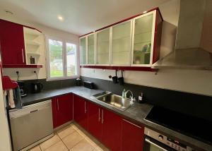 uma cozinha com armários vermelhos e um lavatório em Maison de charme, proche plages em Saint-Pierre-Quiberon