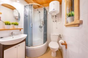 a bathroom with a shower and a toilet and a sink at Domki Hawana in Dąbki +22 photos