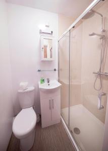 uma casa de banho com um WC, um chuveiro e um lavatório. em Monaco Hotel em Weston-super-Mare