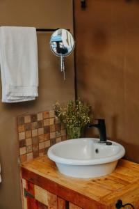 a bathroom with a sink on a wooden counter with a mirror at Down-to-Earth Luxury Tented Accommodation in George