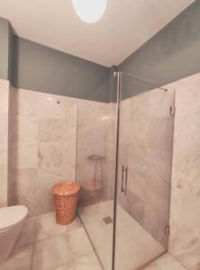 a bathroom with a glass shower with a toilet at HOUSE Sevillana Parking in Seville