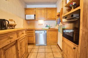 a kitchen with wooden cabinets and a stainless steel dishwasher at Résidence Les Oursons - 3 Pièces pour 6 Personnes 284 in Notre-Dame-de-Bellecombe