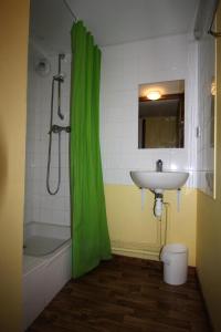 un bagno con tenda doccia verde e lavandino di Chalets Du Thabor - 2 Pièces pour 6 Personnes 104 a Modane