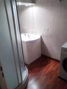 uma casa de banho com um lavatório e um espelho em Savoie, Simple mais confortable em Villard-sur-Doron