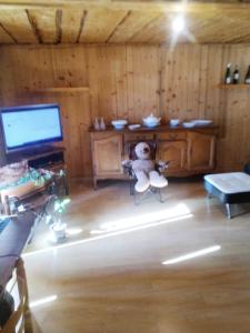 a living room with a teddy bear sitting on a chair at Savoie, Simple mais confortable in Villard-sur-Doron