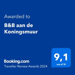 a blue text box with the words awarded to bbc an de kournemouth at B&B aan de Koningsmuur in Dieren