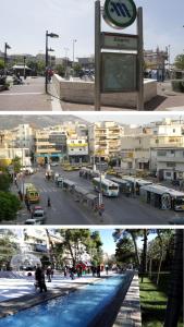 two pictures of a city with a sign and a street at Next to Metro! Bright Apartment with Fully Equipped Kitchen in Athens
