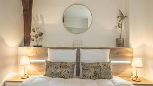 a bedroom with a bed with a mirror and pillows at Le Logis des Perles 1 - Emplacement Idéal - 4 pers in Troyes
