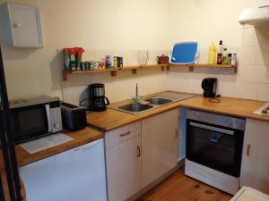 eine kleine Küche mit einer Spüle und einer Mikrowelle in der Unterkunft Séjour à la campagne in Placy