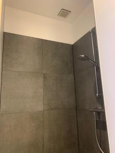 a shower with a glass door in a bathroom at B&B DRUUM in Brussels