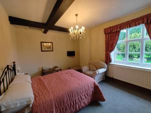 a bedroom with a bed and a window and a chandelier at The Golden Cup - Yoxall in Yoxall