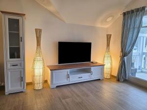 ein Wohnzimmer mit einem TV und 2 Vasen in der Unterkunft Dünenpark Binz - Klassik Ferienwohnung mit 1 Schlafzimmer und Balkon im Dachgeschoss 184 in Binz