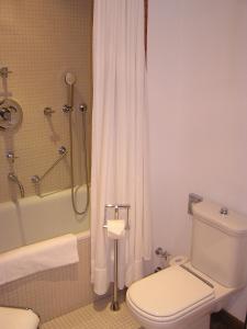 a bathroom with a toilet and a shower with a tub at Hotel Schloss Eckberg in Dresden