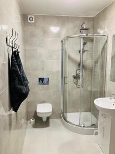een badkamer met een douche, een toilet en een wastafel bij Apartament na Rynku in Wągrowiec