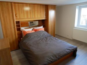 1 dormitorio con 1 cama grande, paredes de madera y ventana en Appartement entier dans cour intérieure en Epfig