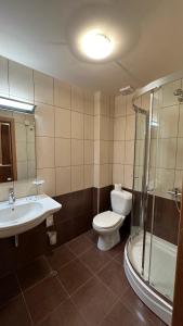 een badkamer met een toilet, een wastafel en een douche bij Апартаменти и стаи за гости "Алекс" in Pamporovo