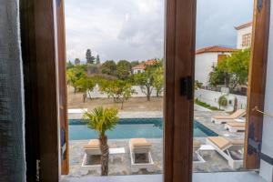 a door leading to a pool with a palm tree outside at Kostis Orange Resort in Volos