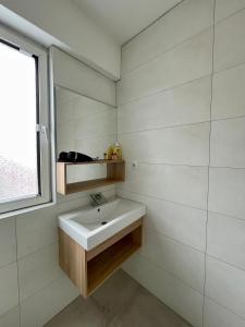 baño con lavabo blanco y ventana en Villa Radozda, en Struga