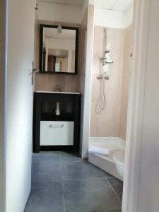 a bathroom with a sink and a toilet and a mirror at Résidence Monte d'Oro in Porto-Vecchio