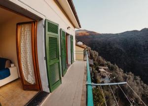 balcone con persiane verdi e vista sulla valle di [The Olive Trees]- jacuzzi-garden-wifi-barbecue-parking a Ageno