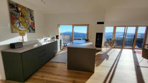 uma cozinha com uma grande ilha num quarto com janelas em Haus am Hochwechsel em Breitenbrunn