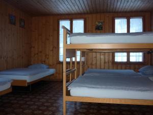 two bunk beds in a room with wooden walls at Double Alpenhof Mountain House 10 in Stechelberg