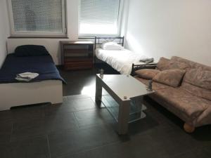 ein Wohnzimmer mit einem Sofa und einem Bett in der Unterkunft Maya Zimmer in Heilbronn Zentrum in Heilbronn