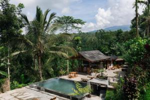 a villa with a swimming pool in the jungle at Tetebatu Sama Sama Bungalows in Tetebatu
